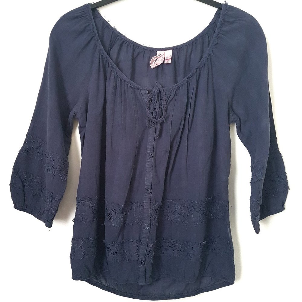 Dolled Up Navy Blue Bell Sleeve Top, Size S